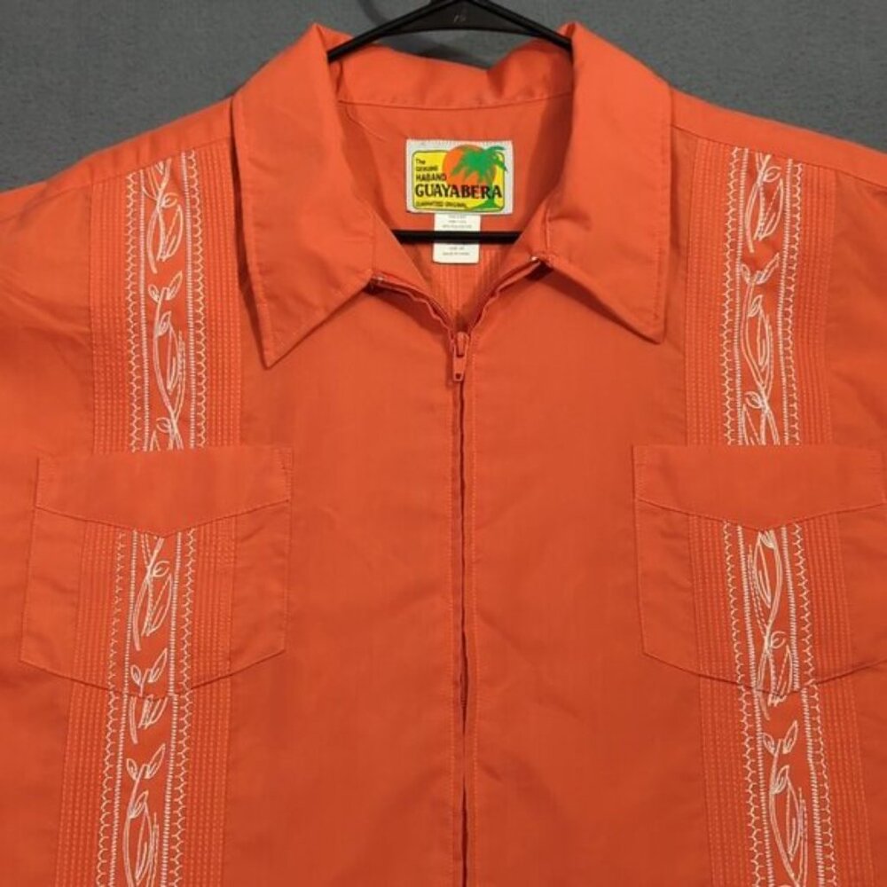 Haband Guayabera Shirt Men's XXL Coral Zip Up Short Sleeve White Embroidery - Picture 3 of 8